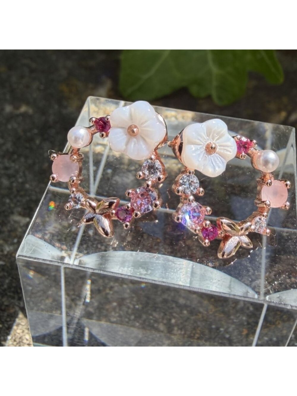 Ramla Flower Stud Earrings 18K Rose Gold Plated Gemstone Shell Pink Spring NEW - Picture 12 of 12